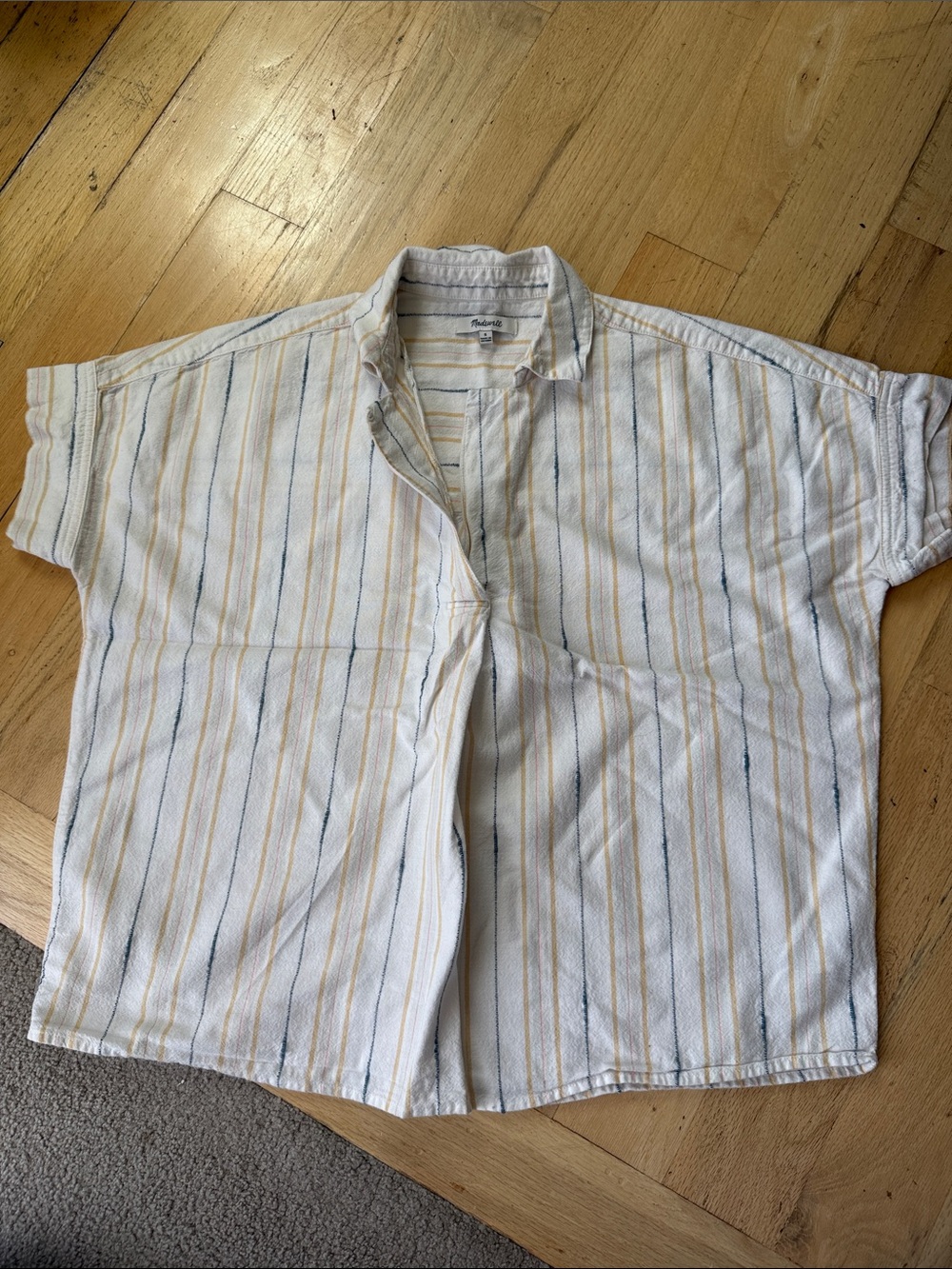 Madewell Striped Short-Sleeve Button-Up Shirt - White with Yellow & Blue Stripes
